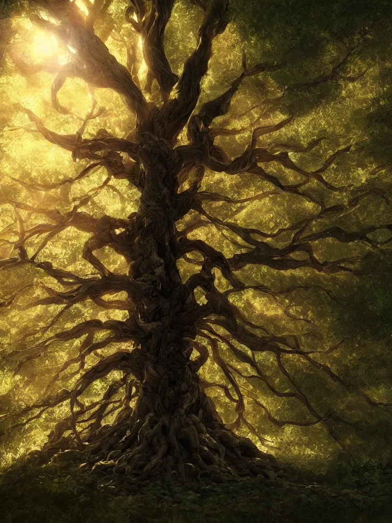 Prompt: a hyperrealist photography of the tree of life, natural lighting, sun through store leaves, cinematic, highly detailed, sharp focus, intricate concept art, digital painting, ambient lighting, 4k, artstation