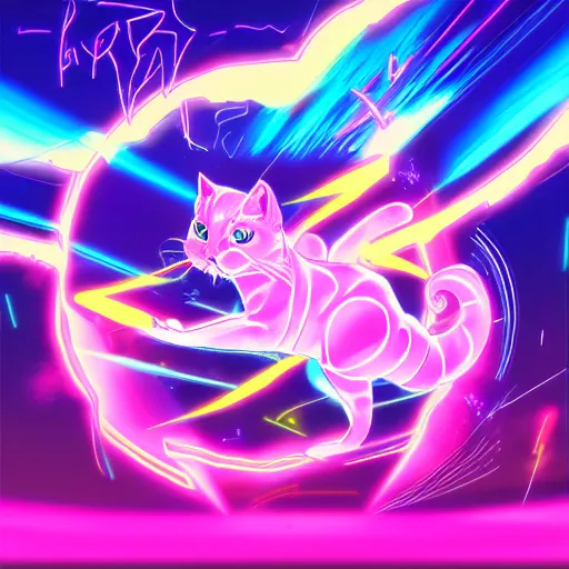 Image similar to anime lightning cat, portrait, vaporwave, synthwave, neon, vector graphics, cinematic, volumetric lighting, f 8 aperture, cinematic eastman 5 3 8 4 film