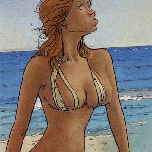 Prompt: a woman at the beach, milo manara style