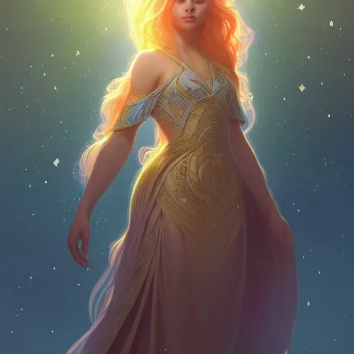 Image similar to aurora, girl with super long hair, hair becoming bright stars, intricate, highly detailed, digital painting, artstation, concept art, smooth, sharp focus, illustration, unreal engine 5, 8 k, art by artgerm and greg rutkowski and alphonse mucha