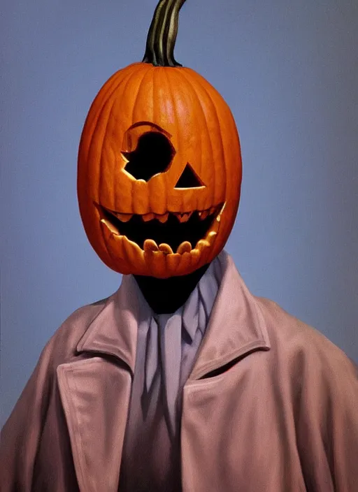 Image similar to Portrait of Pumpkin mask from Halloween III (1982), detailed, coherent, painted by Edward Hopper, Wayne Barlowe, James Gilleard, airbrush, art by James Jean