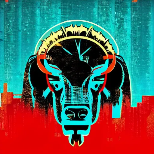 Image similar to a beautiful album cover of a cyberpunk bison by Shepard Fairey, red white and cyan color scheme