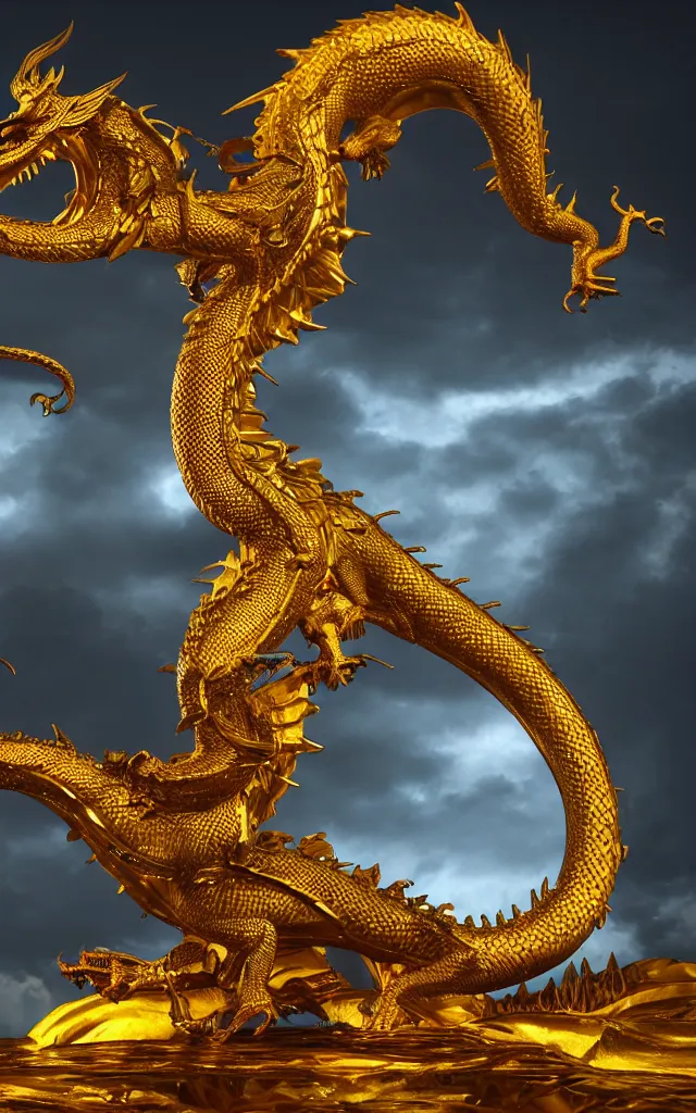 Prompt: depicting a golden dragon. hyper - real, ultra realistic, dark atmosphere, cinematic, 8 k, octane render