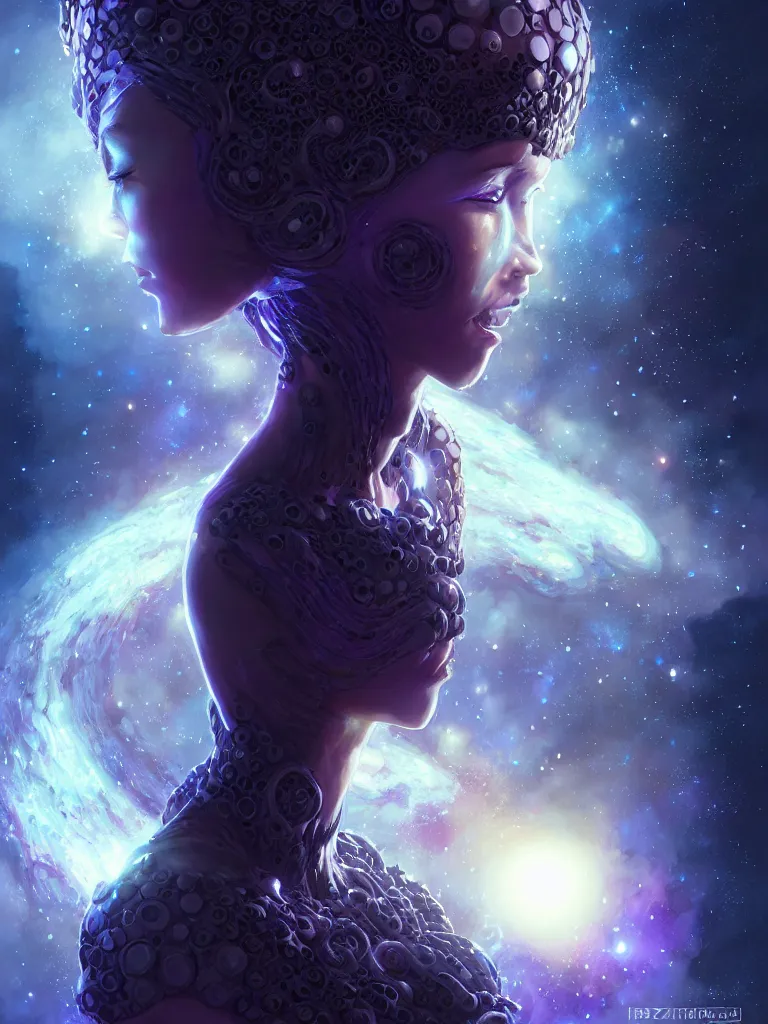Prompt: azathoth girl wearing a dress made of milky way, conquest earth, occlusion shadow, specular reflection, rim light, unreal engine, artgerm, artstation, art by hiroaki samura and ilya kuvshinov and ossdraws, intricate, highly detailed 8 k, fantasy illustration, extremely beautiful and aesthetic shape of face and body