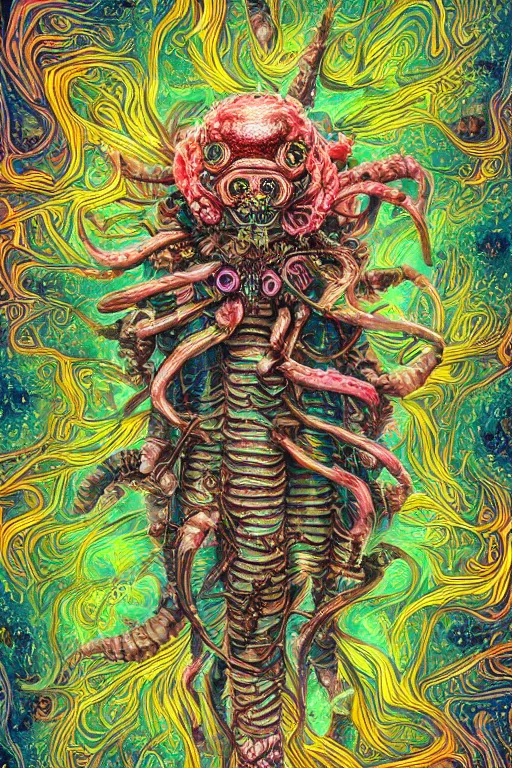 Image similar to creature sushi roots cactus elemental flush of force nature micro world fluo light deepdream a wild amazing steampunk baroque ancient alien creature, intricate detail, colorful digital painting radiating a glowing aura global illumination ray tracing