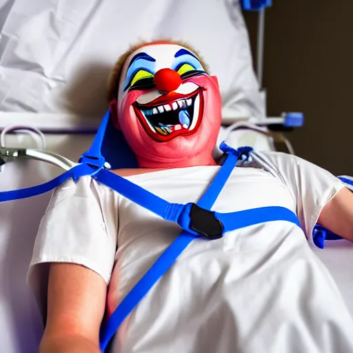 Image similar to laughing clown lying in hospital bed with wrist restraints on, restraint fabric straps attached to hospital bed, photograph, 8 k