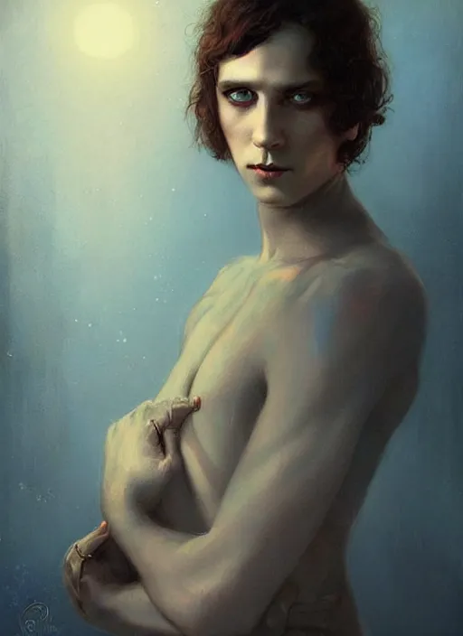 Image similar to a sinister portrait of a man with beautiful blue eyes and short brown hair, art by manuel sanjulian and tom bagshaw