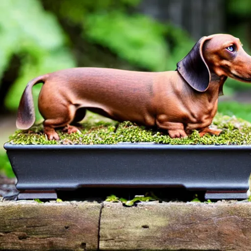 Prompt: Old wood dachshund with leaves, growing in a bonsai pot