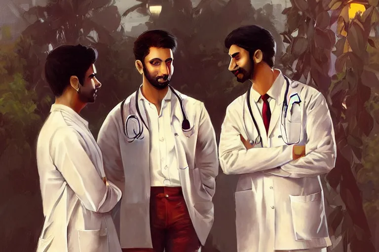 Image similar to Exasperated good looking pale young Indian doctors wearing American clothes chatting at the airport, portrait, elegant, intricate, digital painting, artstation, concept art, smooth, sharp focus, illustration, art by artgerm and greg rutkowski and alphonse mucha