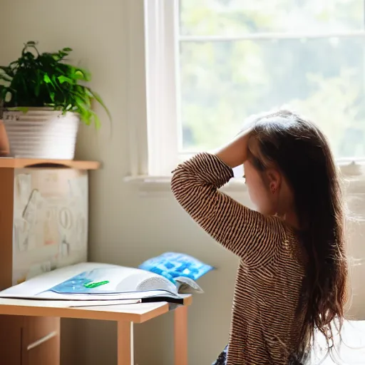 Image similar to Girl studying in her room while listening to music.