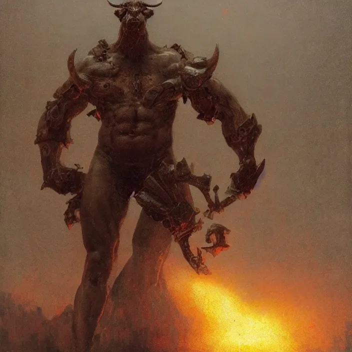 Prompt: minotaur in ancient armor, muscular body, beksinski, ruan jia, trending on artstation