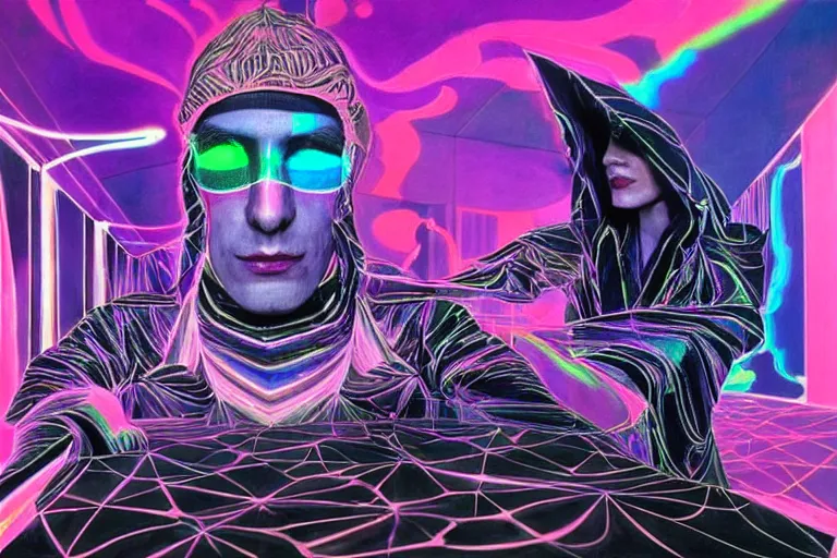 Image similar to a highly detailed beautiful masterpiece photograph of a technomancer wizard in dazzle camouflage robes with pointed hood facetiming his AI djinn hologram in his laboratory near a holographic super-computer by Remedios Varo and Anato Finnstark and Greg Rutkowski and Andy Warhol, dayglo pink, dayglo blue, prismatic, pearlescent white, raven black, hyperrealism, 8k, trending on ArtStation, rendered in Octane, rendered in Unreal engine, award winning, volumetric lighting