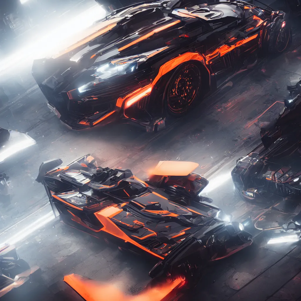 Image similar to a cyberpunk racing computer. Overpower, mat black metal, orange racing stripes, alienware, Beautiful dramatic dark moody tones and lighting, Ultra realistic details,cinematic atmosphere,studio lighting,shadows,dark background, Octane render,8K