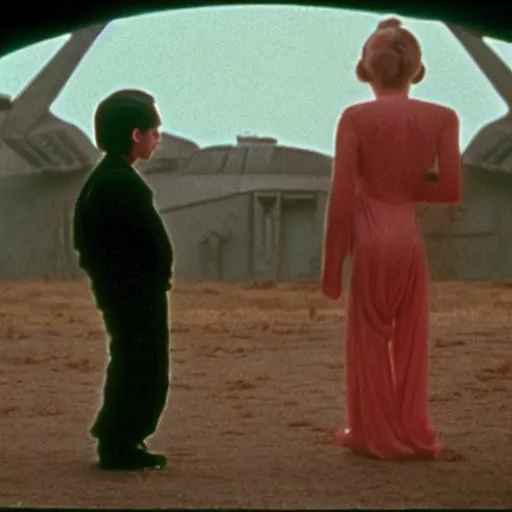 Image similar to wide scenic shot from the scene from the David Lynch production of star wars where the conjoined children play. The children are conjoined at the head and neck, they share one head. Cinematic, VHS copy, film grain, 35mm film.