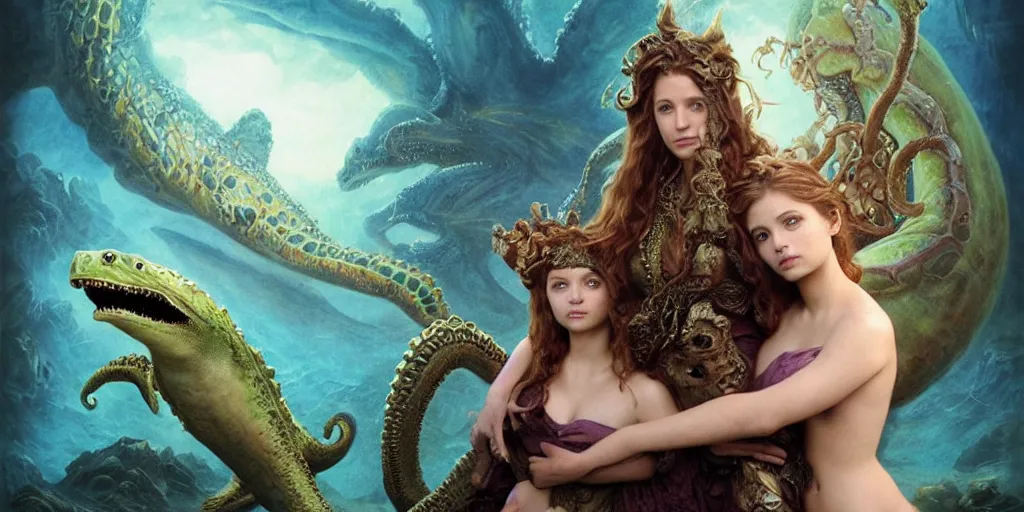 Image similar to Fantasy fairytale story, Great Leviathan Turtle, cephalopod, Cthulhu Squid, Mysterious Island, center Universe, accompany hybrid, Cory Chase, Blake Lively, Anya_Taylor-Joy, Grace Moretz, Halle Berry, Mystical Valkyrie, Anubis-Reptilian, Atlantean Warrior, intense fantasy atmospheric lighting, hyperrealistic, William-Adolphe Bouguereau, François Boucher, Jessica Rossier, Michael Cheval, michael whelan, Cozy, hot springs hidden Cave, Forest, candlelight, natural light, lush plants and flowers, Spectacular Mountains, bright clouds, luminous stellar sky, outer worlds, Solar Flare Unreal Engine, HD,