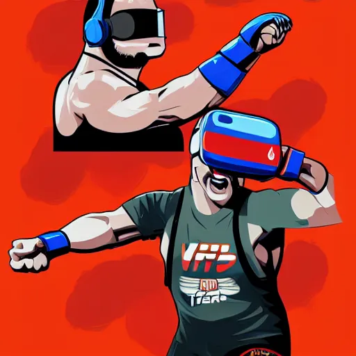 Prompt: poster art of wrestlers wearing vr headsets shrugging, shruggin arms, gta cover, apex legends, tap out, ufc, 8 k, hd, professional digital illustration by sam spratt