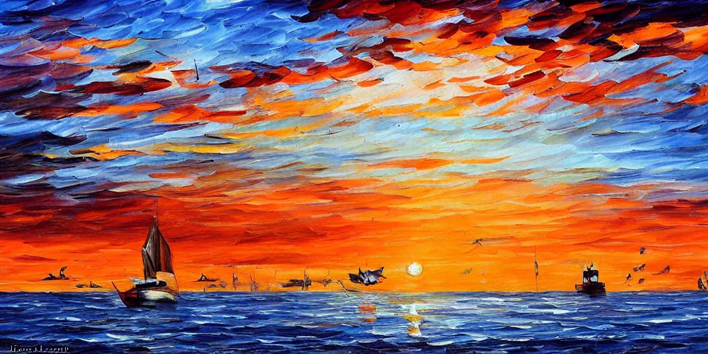 Image similar to rising sun ( ( ( fishing cormorant, fishing boat ) ) ) on the bay, by leonid afremov and moebius