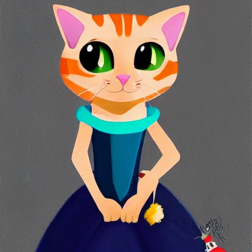 Prompt: concept art portrait of cat wearing dress, pixar, disney