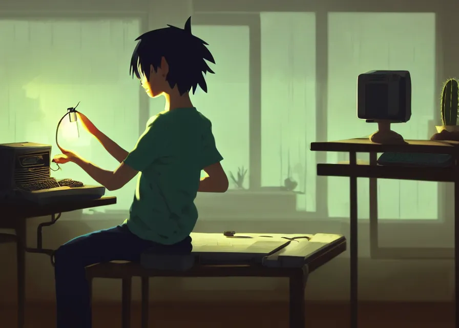 Image similar to a person next to an old pc computer at a desk with a lamp and a cactus, makoto shinkai, dusty, matte painting