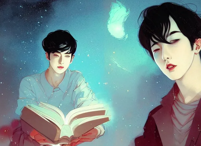 Prompt: aesthetic harmony of handsome seokjin with short black hair, with baby blue jacket & white top, black jeans, reading red book the page is glowing in his face, overlay tiny glowing stars coming from the book, line - art, by wlop, james jean, victo ngai! muted colors, highly detailed, fantasy art by craig mullins, thomas kinkade cfg _ scale 8