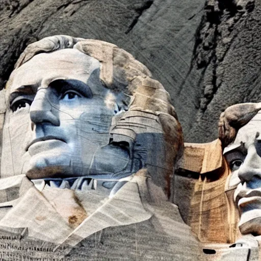 Image similar to a photo of mount rushmore after donald trump's face had been added. the photo clearly depicts the facial features of donald trump, at a slightly elevated level, depicting his particular hair style carved into the stone at the mountain top, centered, balances, regal, pensive, powerful, just