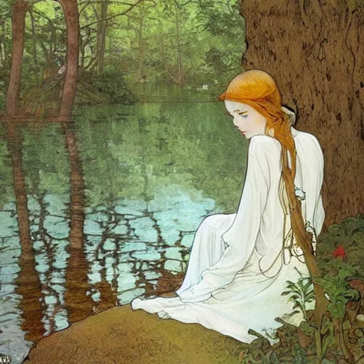 Prompt: a beautiful painting of the back view of a young lady in white dress sitting by the river in a grown forest, looking at her reflection on the water, sunlight reflected on the river, summer, Mucha, Moebius, Mohrbacher