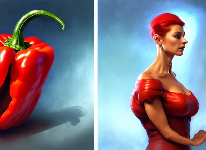 Image similar to a red pepper wearing a doctor's outfit, diffuse lighting, fantasy, hospital background, intricate, elegant, highly detailed, lifelike, photorealistic, digital painting, artstation, illustration, concept art, smooth, sharp focus, art by frank frazetta and marco bucci and loish and rossdraws and artgerm and alphonse mucha