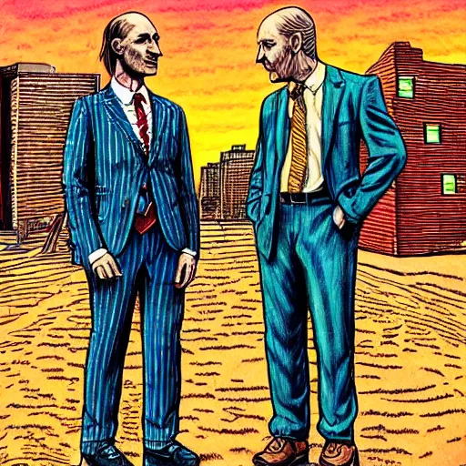 Image similar to The Artwork of R. Crumb and his Cheap Suit Saul-Goodman-Better-Call-Saul, pencil and colored marker artwork, trailer-trash lifestyle