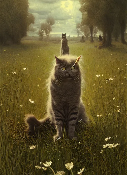 Prompt: the cat in the field from poppy and tulip, hyperrealism, no blur, 4 k resolution, ultra detailed, style of ivan shishkin, tyler edlin, tom bagshaw, arthur rackham