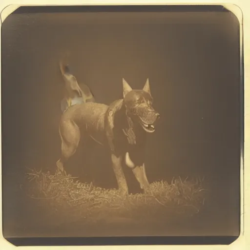 Prompt: old polaroid depicting a proud hellhound on fire, at a clearing, at night