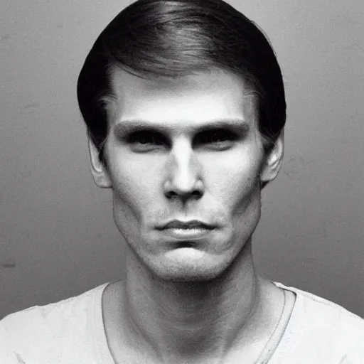 Prompt: A mugshot portrait of a man who looks like Jerma985 with short length wavy hair and a slightly receded hairline and thin bangs, wearing mid 1980s menswear in the late 1980s, taken in the late 1980s, grainy, realistic, hyperrealistic, very realistic, highly detailed, very detailed, extremely detailed, detailed, trending on artstation, front facing, front view, headshot and bodyshot, detailed face, very detailed face