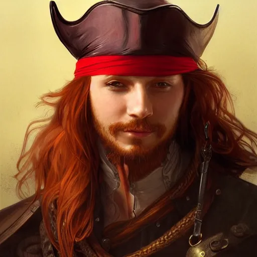Prompt: portrait of a young pirate captain, male, masculine, handsome, upper body, red hair, long hair, D&D, fantasy, intricate, elegant, highly detailed, digital painting, artstation, concept art, sensual, matte, sharp focus, illustration, art by Artgerm and Greg Rutkowski and Alphonse Mucha