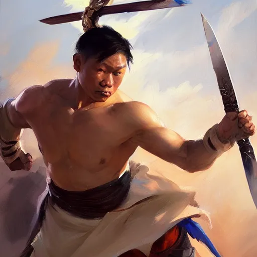 Image similar to greg manchess portrait of a filipino fighter dropping his sword, organic painting, sunny day, matte painting, bold shapes, hard edges, street art, trending on artstation, by huang guangjian, gil elvgren, ruan jia, randy vargas, greg rutkowski