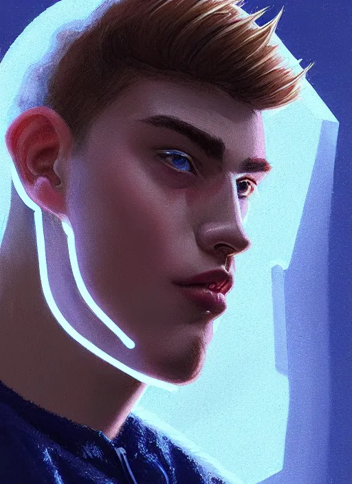 Image similar to portrait of high school senior boy named big moose, blonde short hair, jock, beefy, wide face, square jaw, square facial structure, blue varsity jacket with his name, intricate, elegant, glowing lights, highly detailed, digital painting, artstation, concept art, sharp focus, illustration, art by wlop, mars ravelo and greg rutkowski