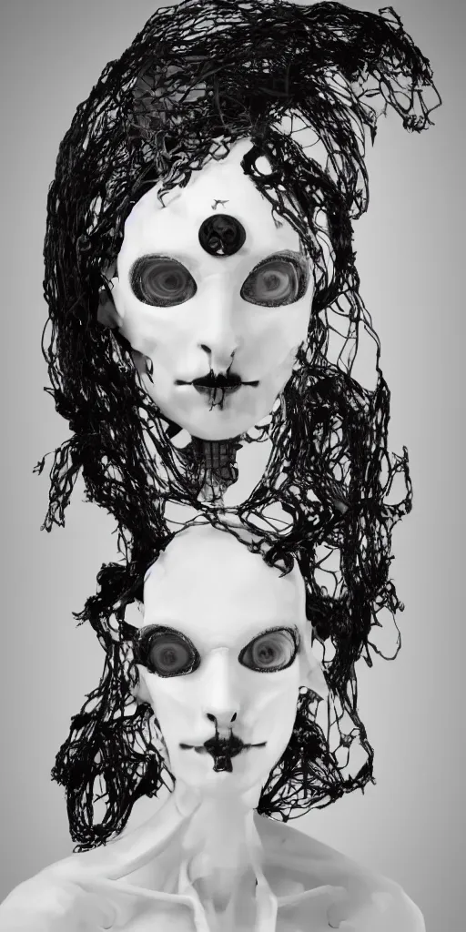 Image similar to black and white dreamy foggy smoky profile face portrait, single skeletal biomechanical beautiful young female cyclops - cyborg - robot bust, body ribs meshes,, volumetric light, rim light, by dora maar and cecile beaton, big gothic fashion pearl embroidered collar, 8 k