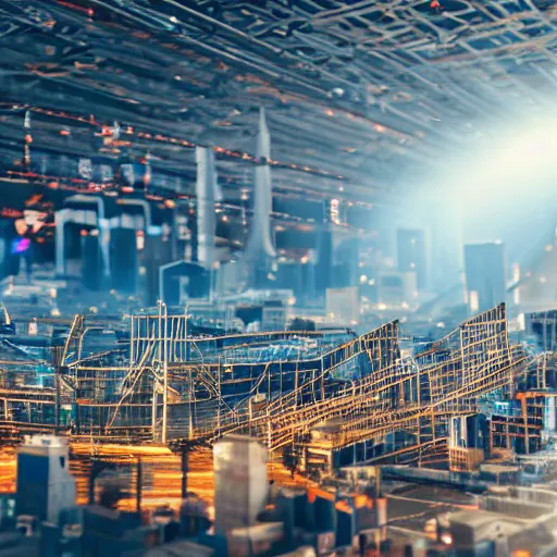 Image similar to crane shot of large group people in open warehouse, looking at hologram of futuristic city on a table, cinematic still, godrays, golden hour, natural sunlight, 4 k, clear details, tabletop model buildings, tabletop model, ethereal hologram center, crane shot, crane shot, rule of thirds, people foreground