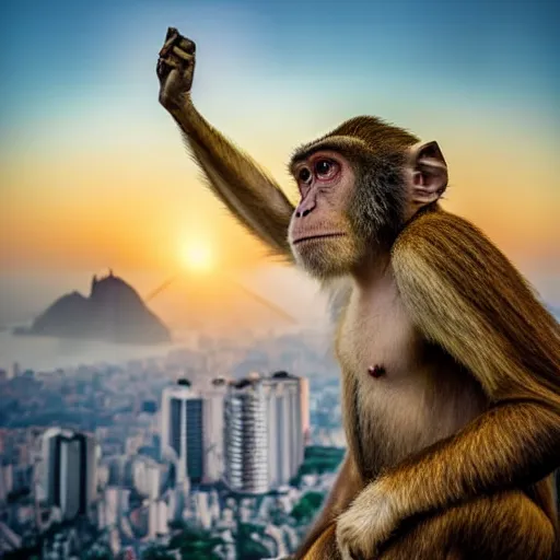 Image similar to high quality portrait of a monkey in front of Christ The Redeemer, studio photograph, photograph, realistic photo, 8k photo, 4k photo, stock photo, high resolution, cinematic shot, high detail