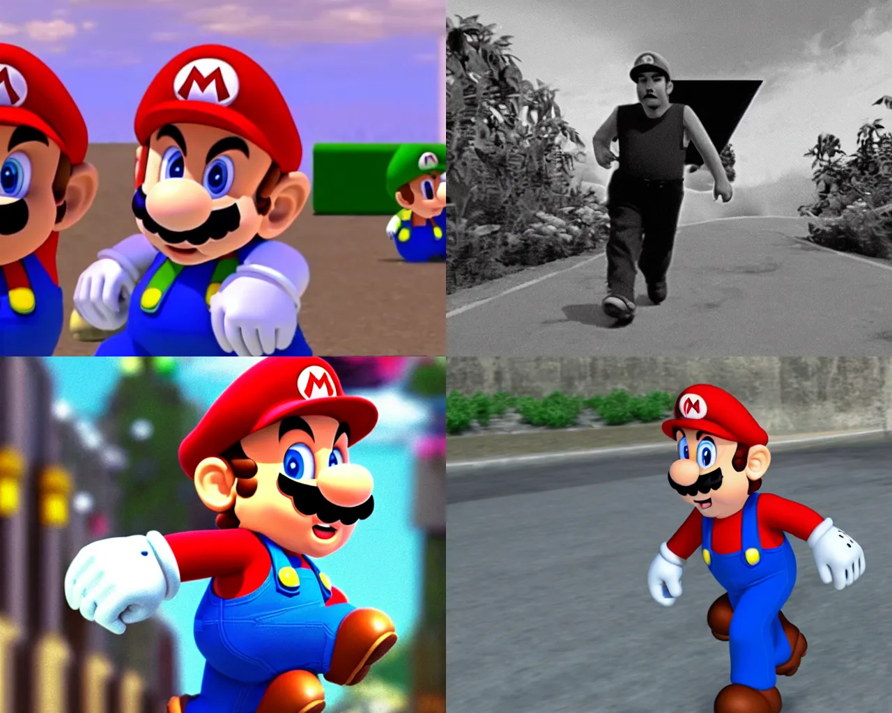 Prompt: Found footage of Super Mario walking towards the camera
