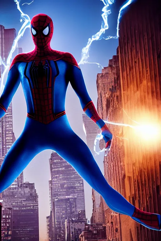 Prompt: blue spider-man, character poster, dramatic lighting, atmospheric dust, intense lens flare, city backdrop