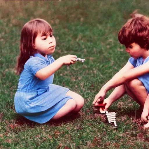 Prompt: little kids searching for the key. photo from the 7 0 s. hd, 8 k