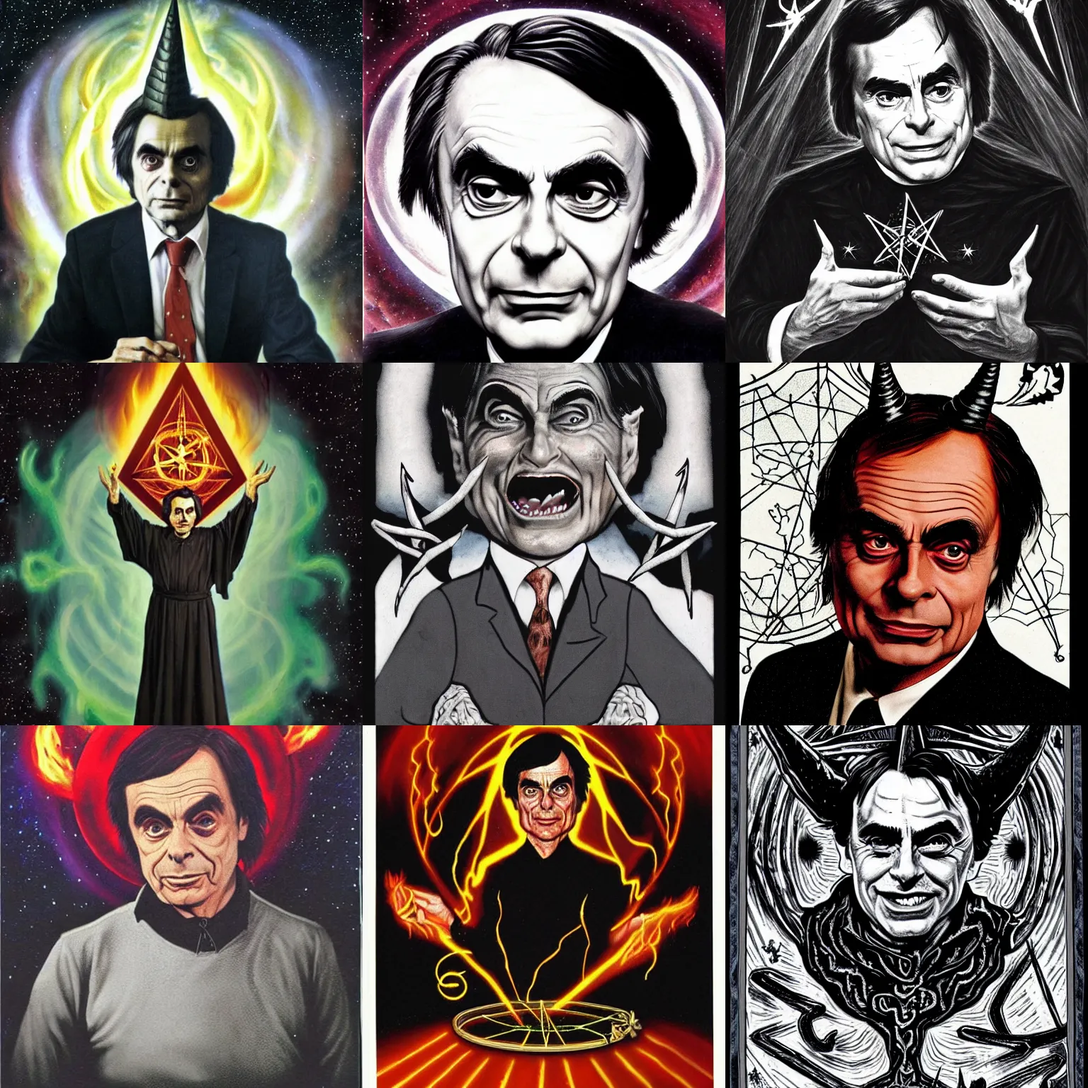 Prompt: Satanic Carl Sagan, Dark lord of Hell. Portrait. Evil personified. Occult. Tarot. Upside Down Pentagram. horns. flames. hyper realistic