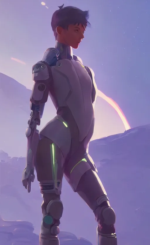 Image similar to sci fi female character, muted colored bodysuit, sci-fi oversized mechanical boots that go up to the thigh that are thick and clunky, soft lighting, wojtek fus, by Makoto Shinkai and Ilya Kuvshinov,