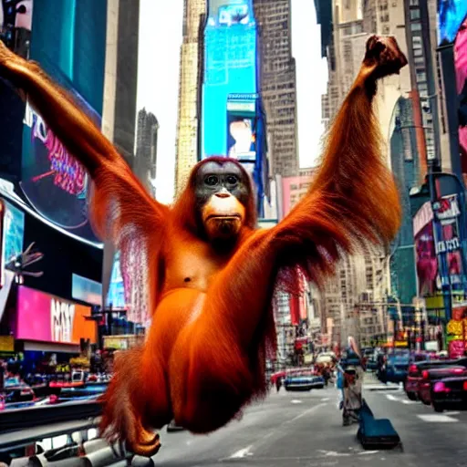 Prompt: a picture of a orangutan swinging in nyc times square, photorealistic