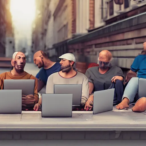 Image similar to a group of realistic bums on street using laptops with blender 3 d logotype on laptop, highly detailed, intricate, sharp focus, digital art, 8 k