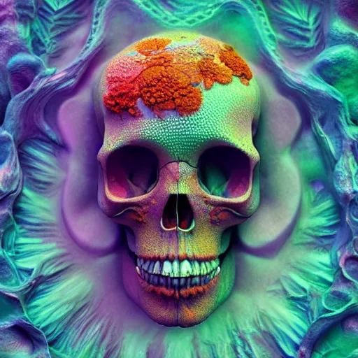 Prompt: a beautiful digital art of a detailed psychedelic coral - carved human skull made from detailed fractal by alberto seveso, jean delville, edmund dulac, jean giraud, vivid colors, octane render, redshift render