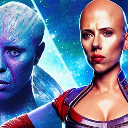 Image similar to film still of bald and blue Scarlett Johansson as Nebula in Guardians of the galaxy