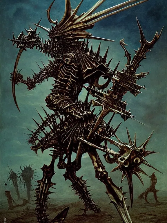 Image similar to A spiky horned skeleton with armored joints stands with a huge two-handed weapon. Extremely high detail, realistic, fantasy art, solo, bones, masterpiece, saturated colors, tangled, ripped flesh, art by Zdzisław Beksiński, Arthur Rackham, Dariusz Zawadzki