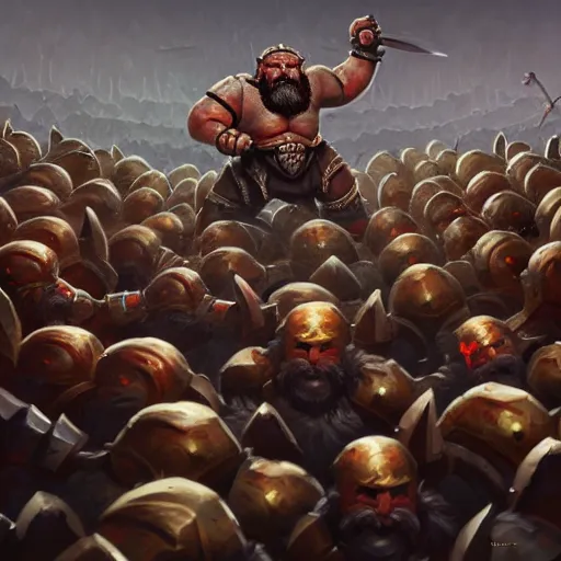 Prompt: painting of a single dwarven berserker facing a crew of crazy goblin warriors in deadly combat on a gladiator pit, sharp focus, high symmetry, award - winning, trending on artstation, masterpiece, highly detailed, intricate. art by eric deschamps