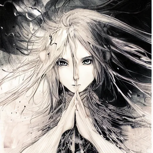 Image similar to Yoshitaka Amano blurred and dreamy illustration of an anime girl with black eyes, wavy white hair and cracks on her face wearing elden ring armour with the cape fluttering in the wind, abstract black and white patterns on the background, noisy film grain effect, highly detailed, Renaissance oil painting, weird portrait angle