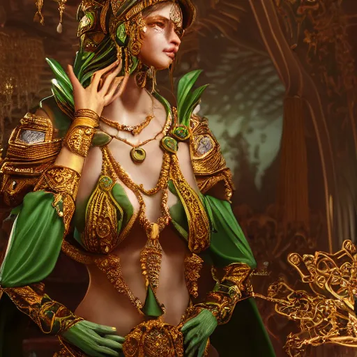 Image similar to photograph of wonderful princess with smooth fair skin, green jewelry, breathtaking, elegant, ornate, intricate, hyper detailed, accent lighting, dramatic light, 4 k octane render